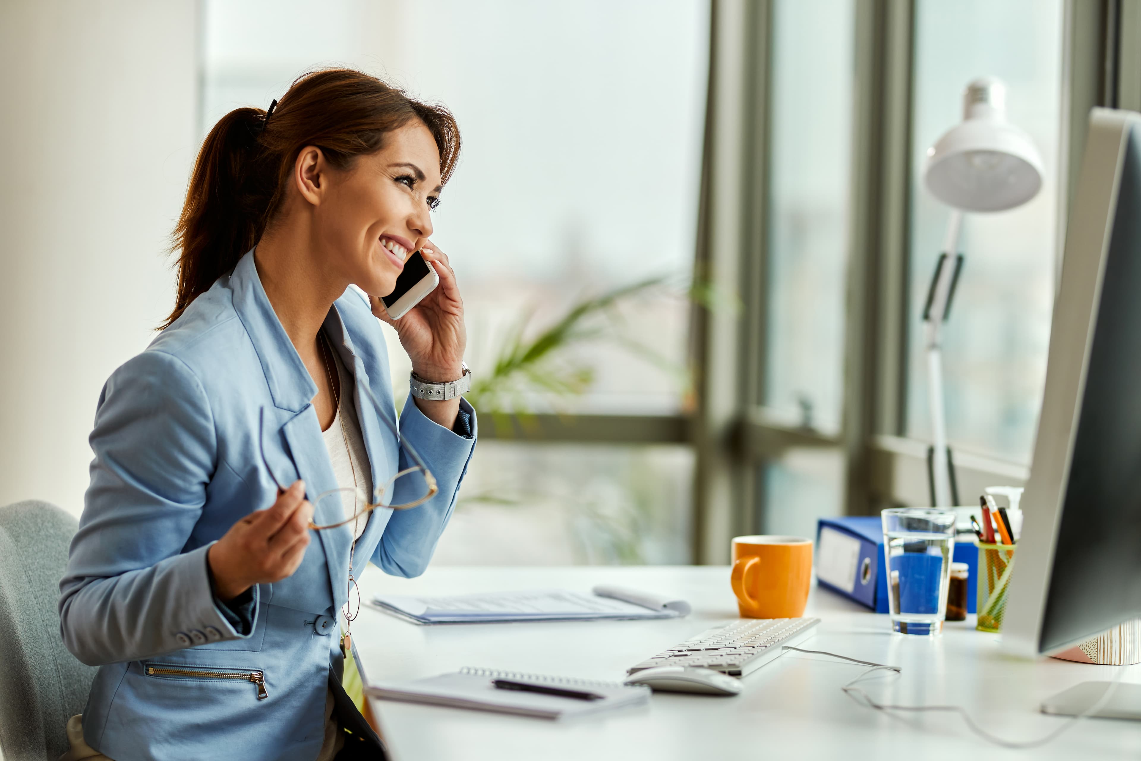 Customer support representative with headset
